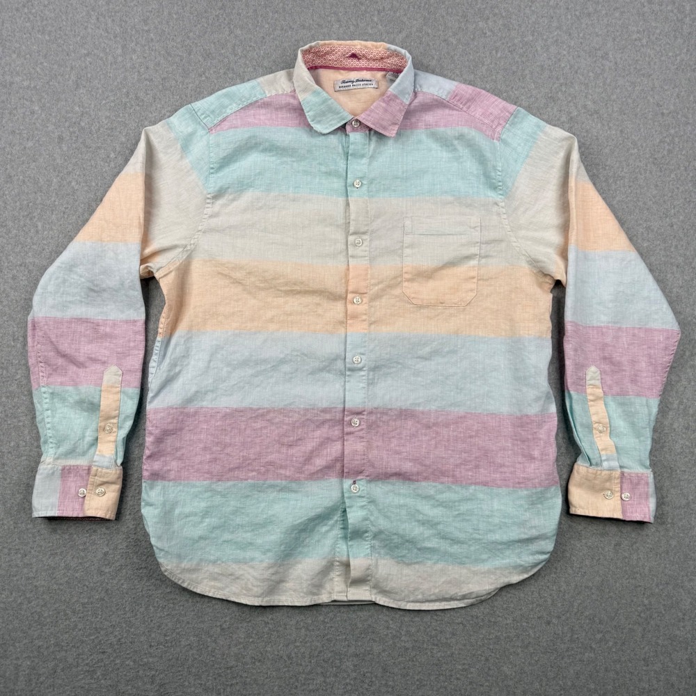Tommy Bahama‎ Shirt Mens Large Multicolor Striped Barbados Breeze Linen Blend